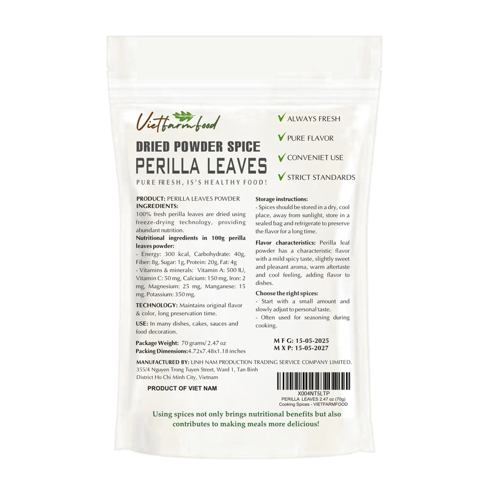 PERILLA LEAVES POWDER 2.47 Oz (70g) VIETFARMFOOD: Freeze-dried spices extract pure natural flavor. Convenient packaging, long-term preservation. Used for cooking, baking, salads, soups, sauces...