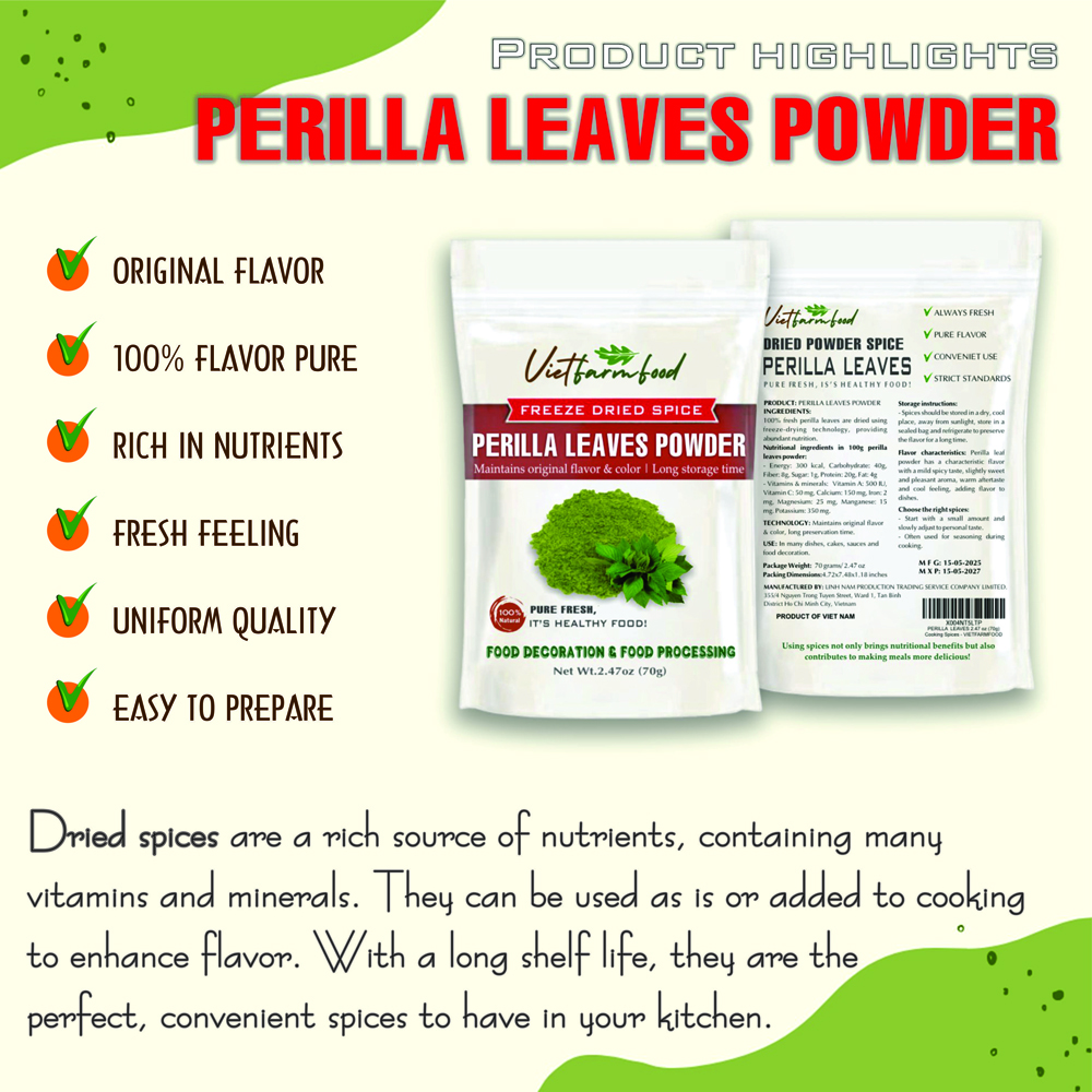 PERILLA LEAVES POWDER 2.47 Oz (70g) VIETFARMFOOD: Freeze-dried spices extract pure natural flavor. Convenient packaging, long-term preservation. Used for cooking, baking, salads, soups, sauces...