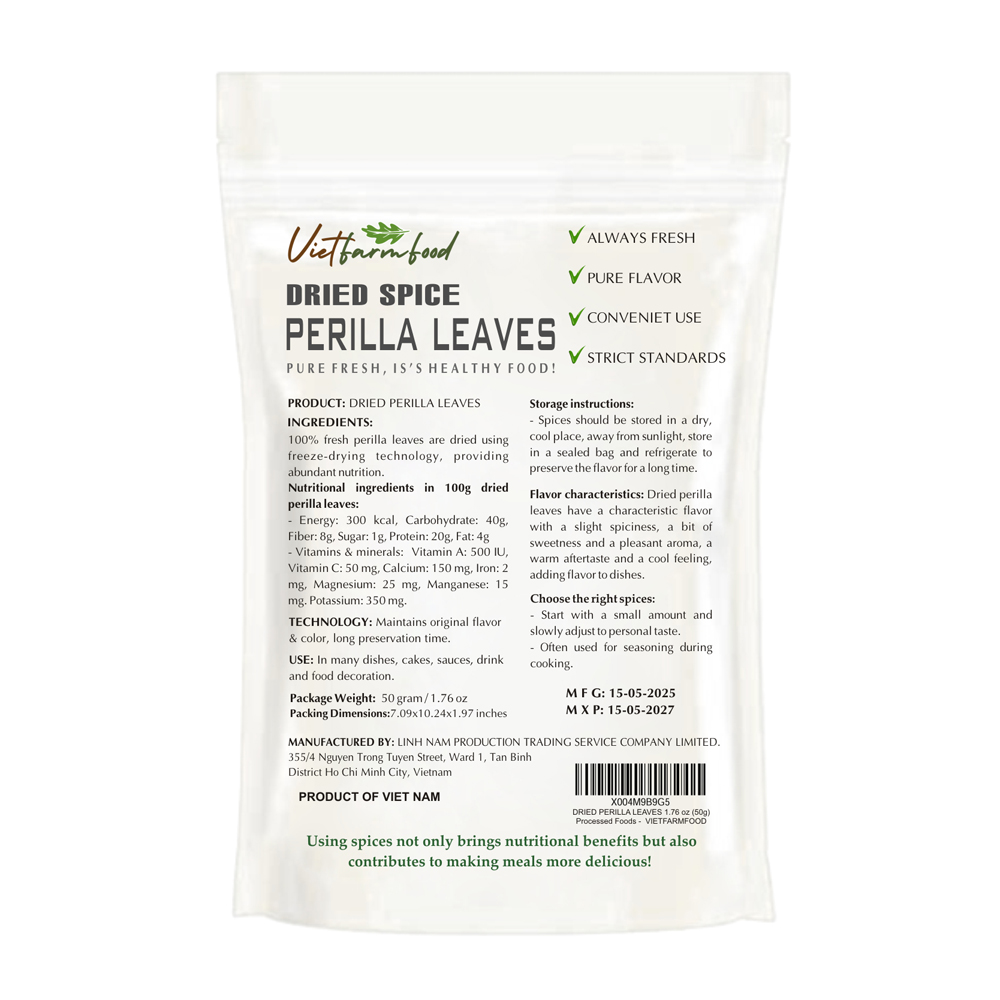 DRIED PERILLA LEAVES 2.47 Oz (70g) VIETFARMFOOD: Freeze-dried spices extract pure natural flavor. Convenient packaging, long-term preservation. Used for cooking, baking, salads, soups, sauces.