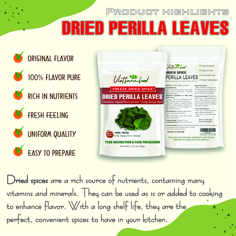 DRIED PERILLA LEAVES 2.47 Oz (70g) VIETFARMFOOD: Freeze-dried spices extract pure natural flavor. Convenient packaging, long-term preservation. Used for cooking, baking, salads, soups, sauces.