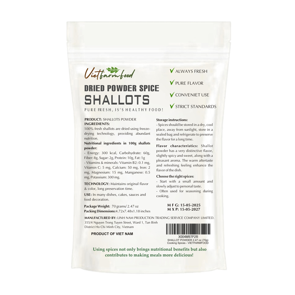 SHALLOTS POWDER 1.76 Oz (50g) VIETFARMFOOD: Freeze-dried spices extract pure natural flavor. Convenient packaging, long-term preservation. Used for cooking, baking, salads, soups, sauces.
