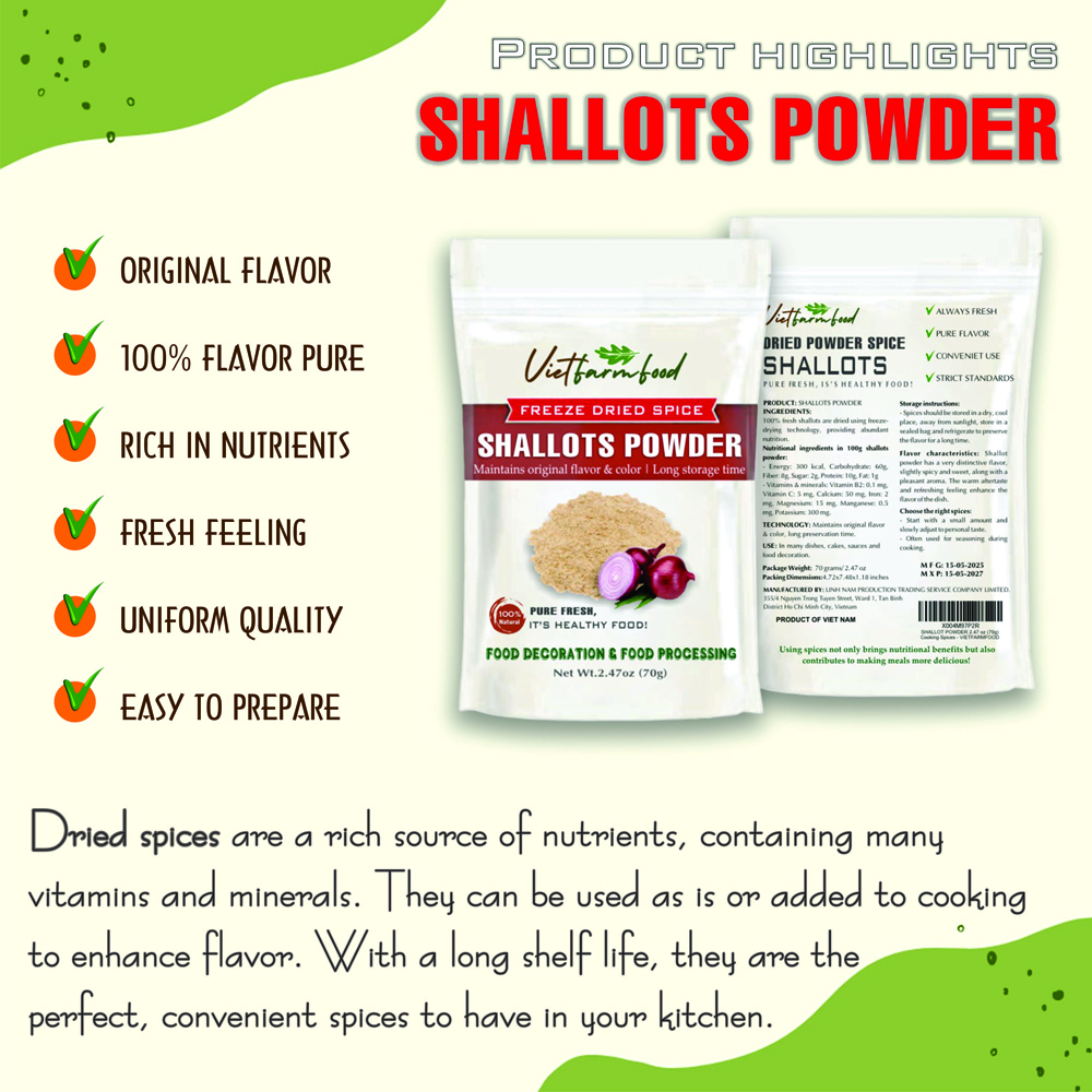 SHALLOTS POWDER 1.76 Oz (50g) VIETFARMFOOD: Freeze-dried spices extract pure natural flavor. Convenient packaging, long-term preservation. Used for cooking, baking, salads, soups, sauces.