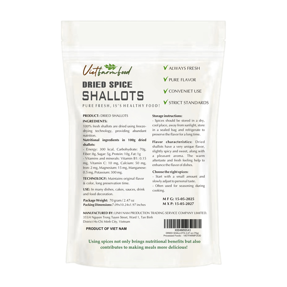 DRIED SHALLOTS 2.47 Oz (70g) VIETFARMFOOD: Freeze-dried spices extract pure natural flavor. Convenient packaging, long-term preservation. Used for cooking, baking, salads, soups, sauces.