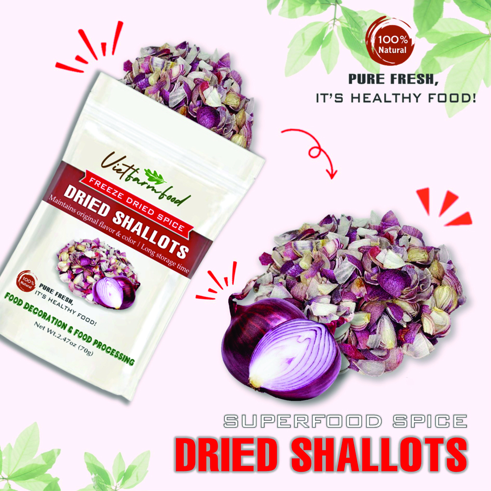 DRIED SHALLOTS 2.47 Oz (70g) VIETFARMFOOD: Freeze-dried spices extract pure natural flavor. Convenient packaging, long-term preservation. Used for cooking, baking, salads, soups, sauces.