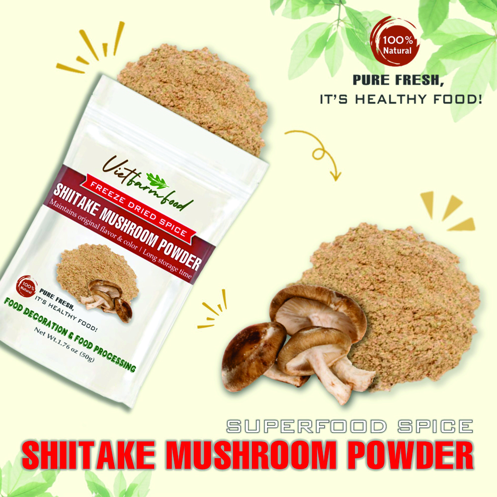 SHIITAKE MUSHROOM POWDER 1.76 Oz (50g) VIETFARMFOOD: Freeze-dried spices extract pure natural flavor. Convenient packaging, long-term preservation. Used for cooking, baking, salads, soups, sauces.