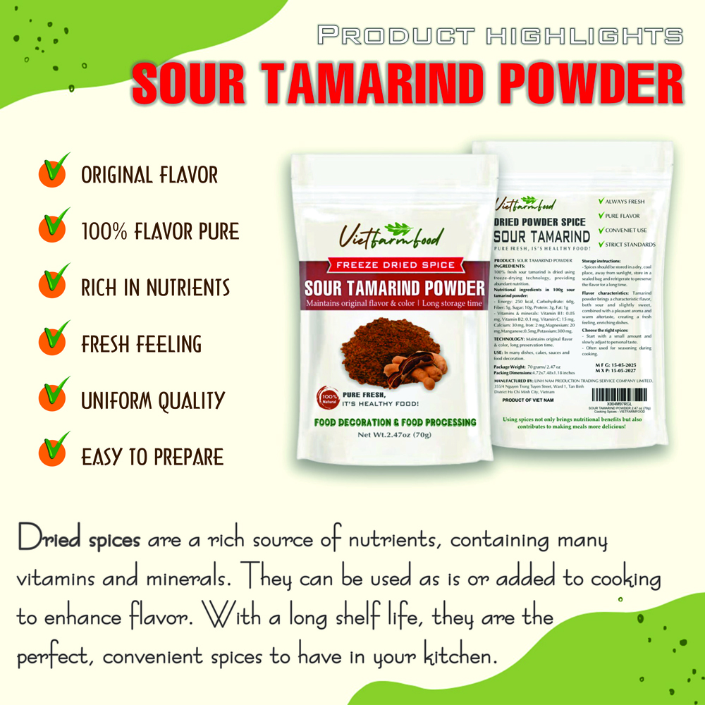 SOUR TAMARIND POWDER 1.76 Oz (50g) VIETFARMFOOD: Freeze-dried spices extract pure natural flavor. Convenient packaging, long-term preservation. Used for cooking, baking, salads, soups, sauces.