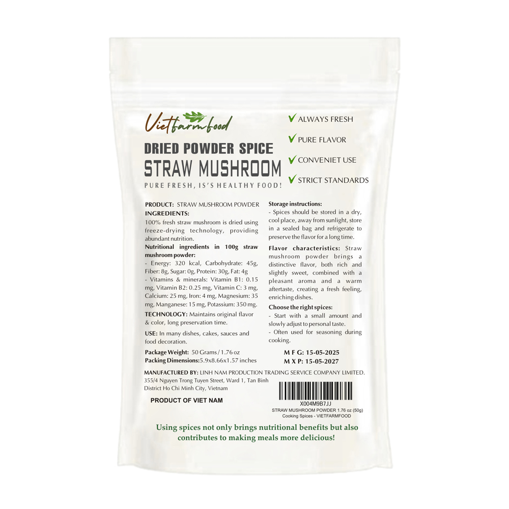 STRAW MUSHROOM POWDER 1.76 Oz (50g) VIETFARMFOOD: Freeze-dried spices extract pure natural flavor. Convenient packaging, long-term preservation. Used for cooking, baking, salads, soups, sauces.