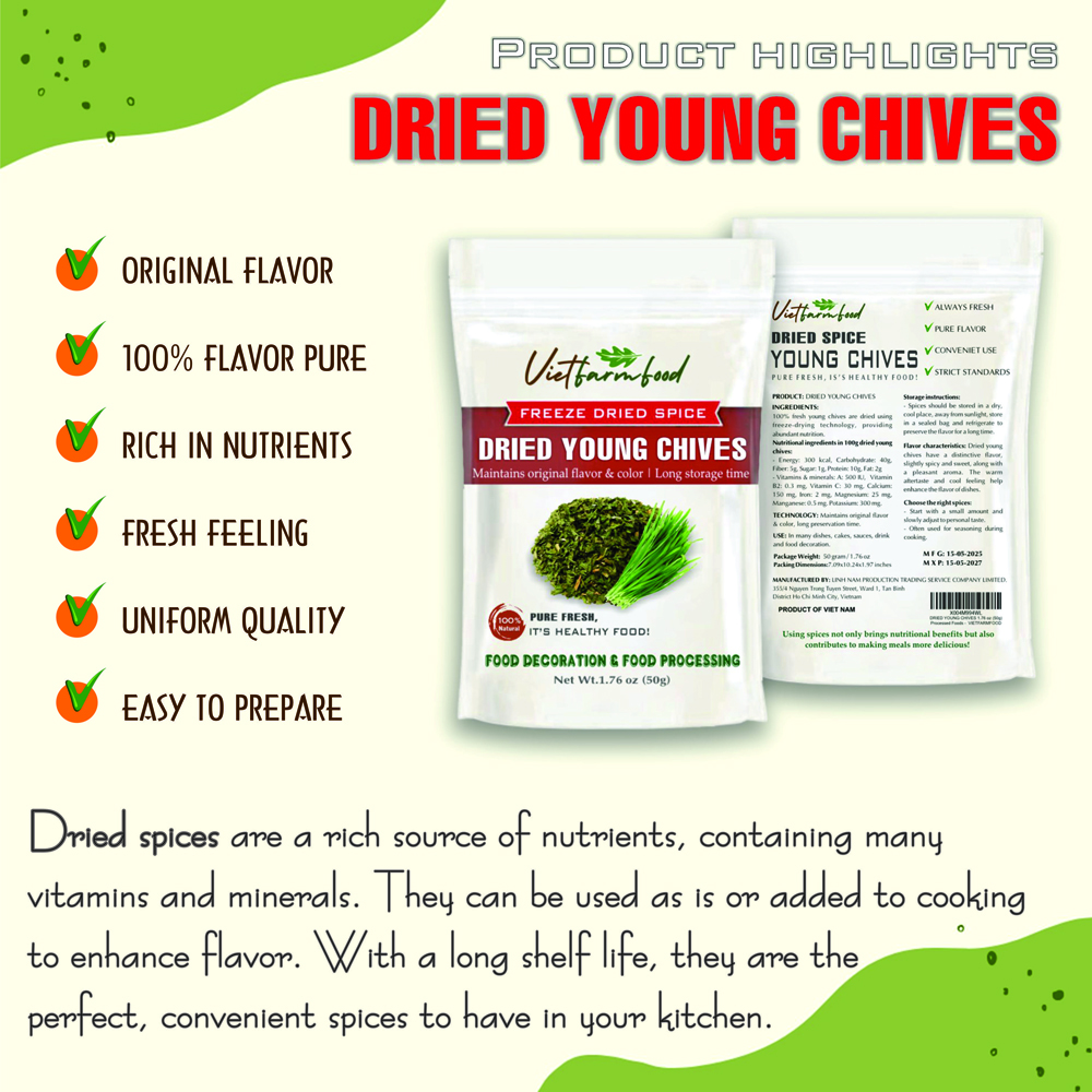 DRIED YOUNG CHIVES 2.47 Oz (70g) VIETFARMFOOD: Freeze-dried spices extract pure natural flavor. Convenient packaging, long-term preservation. Used for cooking, baking, salads, soups, sauces.
