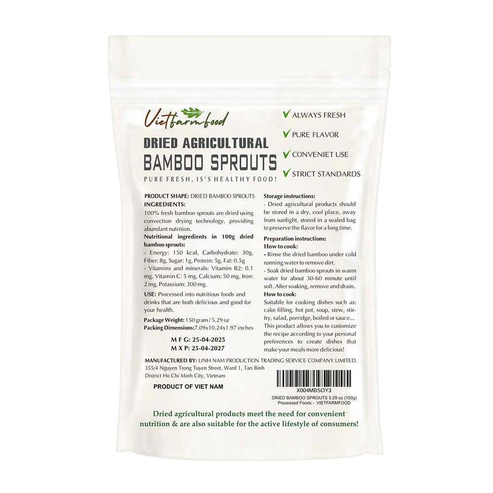 DRIED BAMBOO SPROUTS 5.29 Oz (150g) VIETFARMFOOD: Dried agricultural products with pure natural flavor. Used as cooking ingredients to prepare delicious, nutritious dishes, suitable for vegetarians