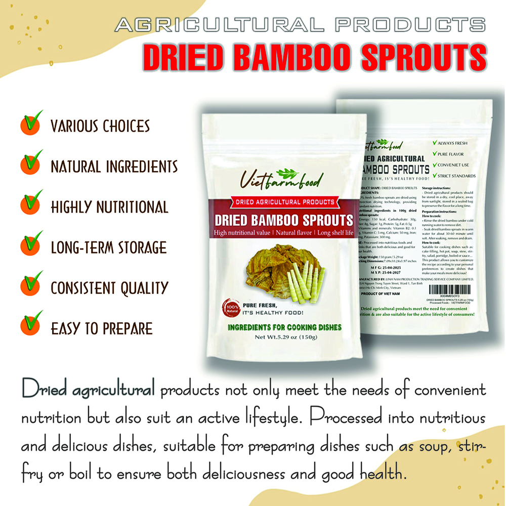 DRIED BAMBOO SPROUTS 5.29 Oz (150g) VIETFARMFOOD: Dried agricultural products with pure natural flavor. Used as cooking ingredients to prepare delicious, nutritious dishes, suitable for vegetarians