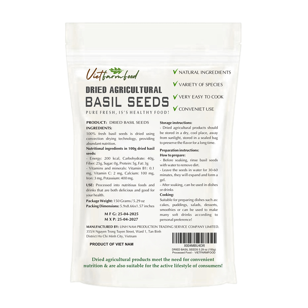 DRIED BASIL SEEDS 5.29 Oz (150g) VIETFARMFOOD: Dried agricultural products with pure natural flavor. Used as ingredients for cooking; toppings, drinks, nutritious dishes, suitable for vegetarians