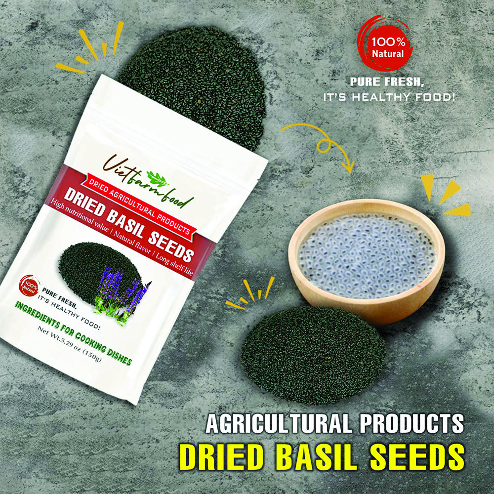 DRIED BASIL SEEDS 5.29 Oz (150g) VIETFARMFOOD: Dried agricultural products with pure natural flavor. Used as ingredients for cooking; toppings, drinks, nutritious dishes, suitable for vegetarians
