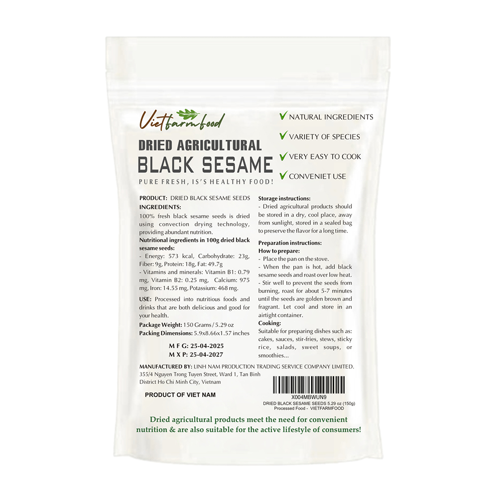 DRIED BLACK SESAME SEEDS 5.29 Oz (150g) VIETFARMFOOD: Dried agricultural products with pure natural flavor. Used as ingredients for cooking; toppings, drinks, nutritious dishes,suitable for vegetarian
