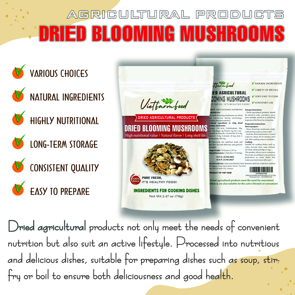 DRIED BLOOMING MUSHROOMS 2.47 Oz (70g) VIETFARMFOOD: Dried agricultural products with pure natural flavor. Used as cooking ingredients to prepare delicious, nutritious dishes, suitable for vegetarians