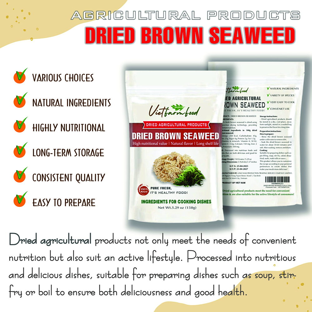 DRIED BROWN SEAWEED (ALGAE) 5.29 Oz (150g) VIETFARMFOOD: Dried agricultural products with pure natural flavor. Used as cooking ingredients to prepare delicious, nutritious dishes, suitable vegetarians