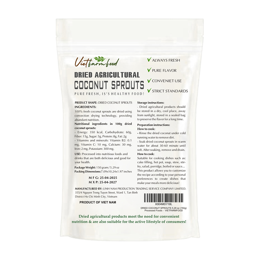 DRIED COCONUT SPROUT 5.29 Oz (150g) VIETFARMFOOD: Dried agricultural products with pure natural flavor. Used as cooking ingredients to prepare delicious, nutritious dishes, suitable for vegetarians