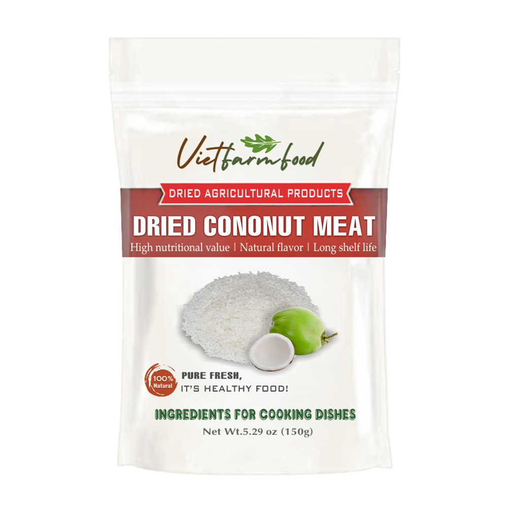 DRIED COCONUT MEAT 5.29 Oz (150g) VIETFARMFOOD: Dried agricultural products with pure natural flavor. Used as ingredients for cooking; toppings, drinks, nutritious dishes, suitable for vegetarians