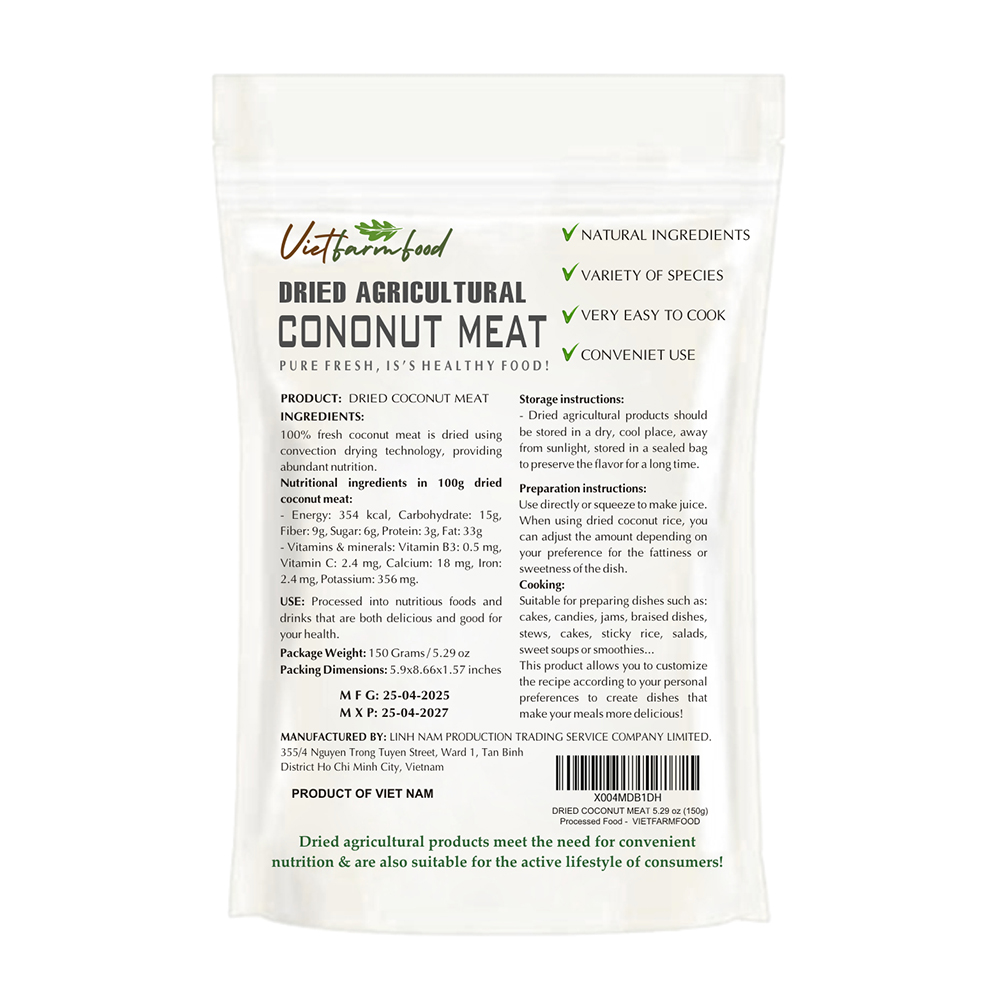 DRIED COCONUT MEAT 5.29 Oz (150g) VIETFARMFOOD: Dried agricultural products with pure natural flavor. Used as ingredients for cooking; toppings, drinks, nutritious dishes, suitable for vegetarians