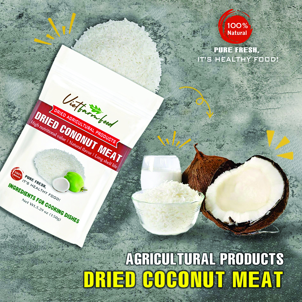 DRIED COCONUT MEAT 5.29 Oz (150g) VIETFARMFOOD: Dried agricultural products with pure natural flavor. Used as ingredients for cooking; toppings, drinks, nutritious dishes, suitable for vegetarians