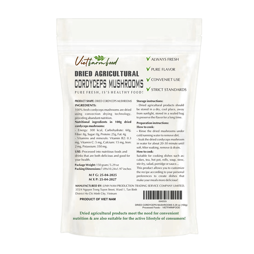 DRIED CORDYCEPS MUSHROOMS 5.29 Oz (150g) VIETFARMFOOD: Dried agricultural products with pure natural flavor. Used as cooking ingredients to prepare delicious, nutritious dishes, suitable vegetarians