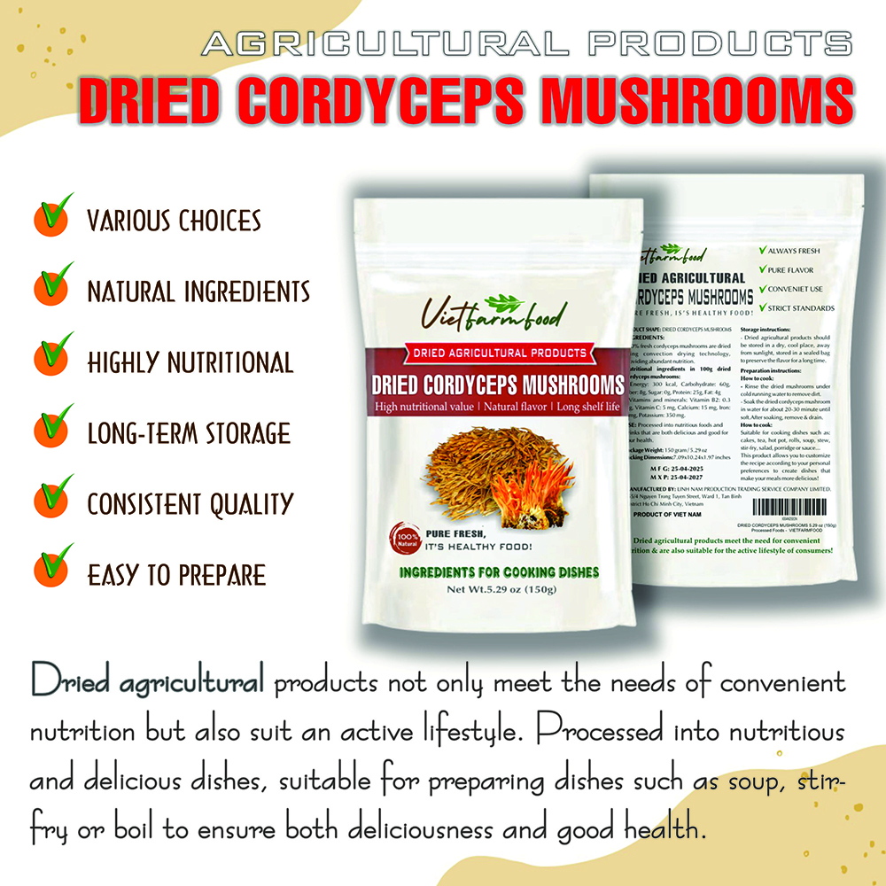 DRIED CORDYCEPS MUSHROOMS 5.29 Oz (150g) VIETFARMFOOD: Dried agricultural products with pure natural flavor. Used as cooking ingredients to prepare delicious, nutritious dishes, suitable vegetarians