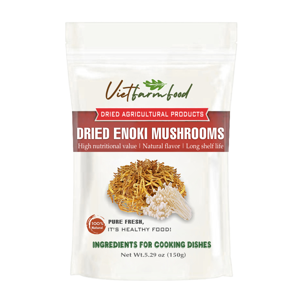 DRIED ENOKI MUSHROOMS 5.29 Oz (150g) VIETFARMFOOD: Dried agricultural products with pure natural flavor. Used as cooking ingredients to prepare delicious, nutritious dishes, suitable for vegetarians
