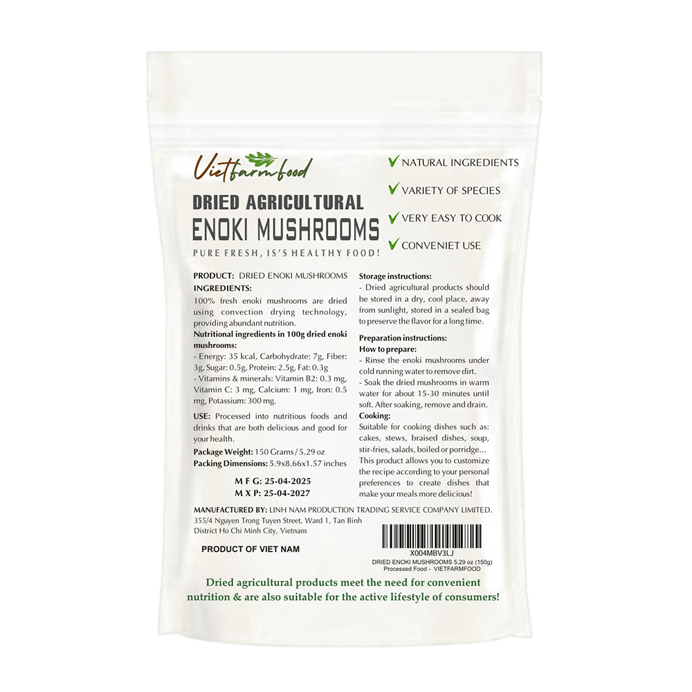 DRIED ENOKI MUSHROOMS 5.29 Oz (150g) VIETFARMFOOD: Dried agricultural products with pure natural flavor. Used as cooking ingredients to prepare delicious, nutritious dishes, suitable for vegetarians