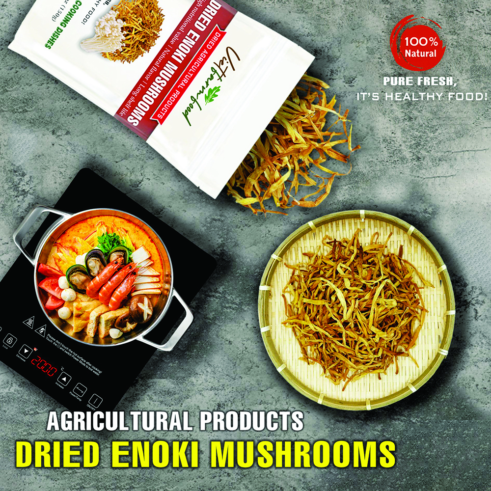 DRIED ENOKI MUSHROOMS 5.29 Oz (150g) VIETFARMFOOD: Dried agricultural products with pure natural flavor. Used as cooking ingredients to prepare delicious, nutritious dishes, suitable for vegetarians