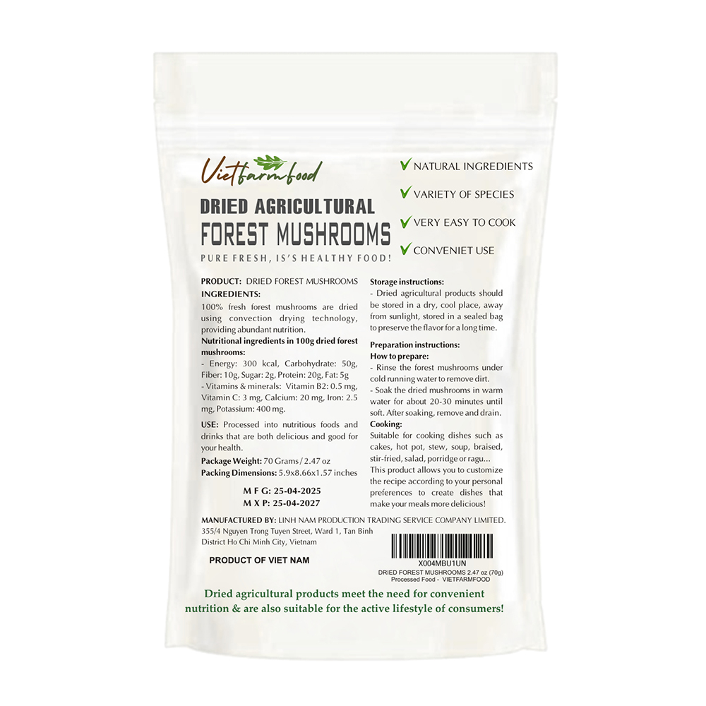 DRIED FOREST MUSHROOMS 2.47 Oz (70g) VIETFARMFOOD: Dried agricultural products with pure natural flavor. Used as cooking ingredients to prepare delicious, nutritious dishes, suitable for vegetarians