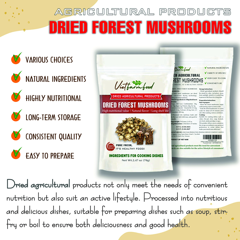 DRIED FOREST MUSHROOMS 2.47 Oz (70g) VIETFARMFOOD: Dried agricultural products with pure natural flavor. Used as cooking ingredients to prepare delicious, nutritious dishes, suitable for vegetarians