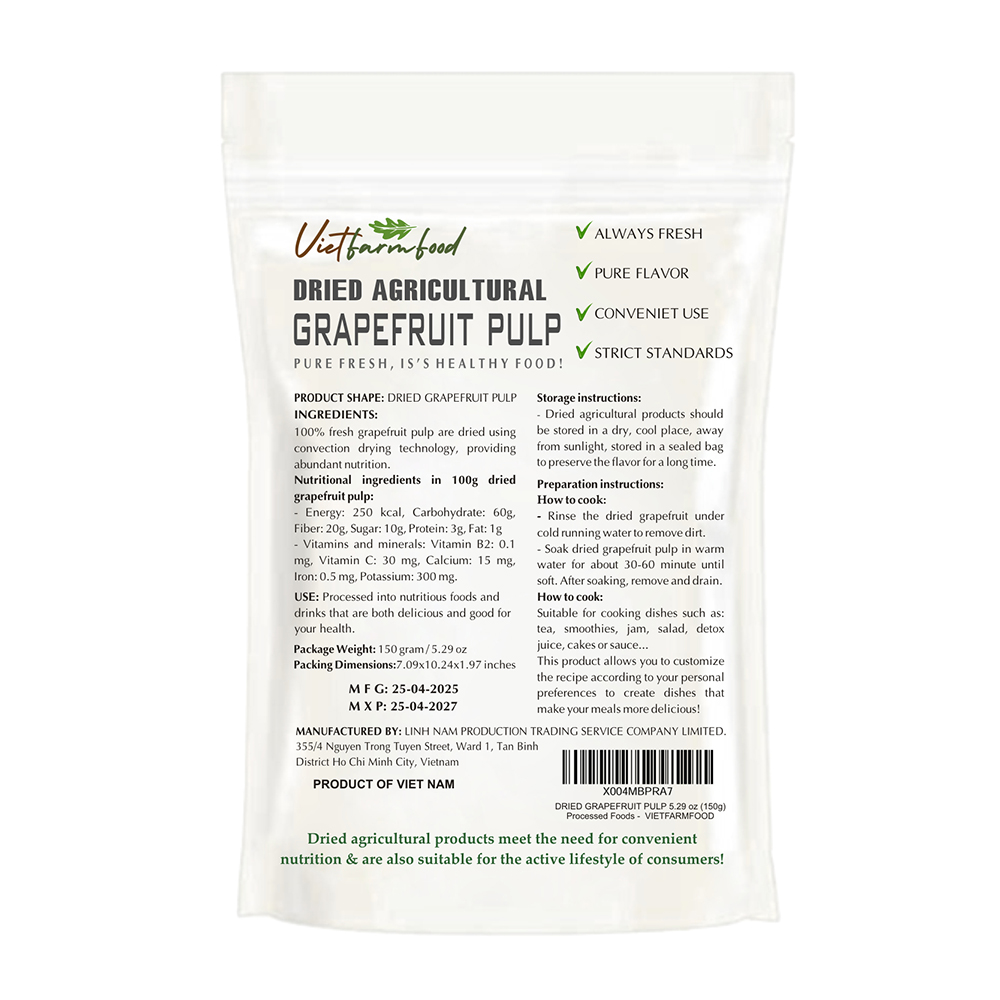 DRIED GRAPEFRUIT PULP 5.29 Oz (150g) VIETFARMFOOD: Dried agricultural products with pure natural flavor. Used as ingredients for cooking; toppings, drinks, nutritious dishes, suitable for vegetarians