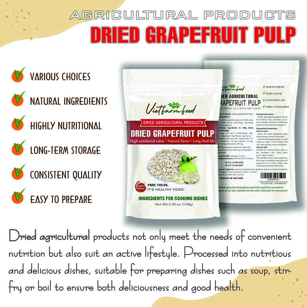 DRIED GRAPEFRUIT PULP 5.29 Oz (150g) VIETFARMFOOD: Dried agricultural products with pure natural flavor. Used as ingredients for cooking; toppings, drinks, nutritious dishes, suitable for vegetarians