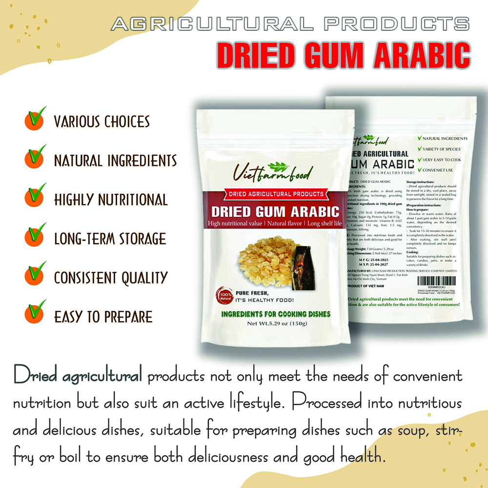 DRIED GUM ARABIC (TRAGACANTH) 5.29 Oz (150g) VIETFARMFOOD: Dried agricultural products with pure natural flavor. Used as ingredients for cooking; toppings, drinks, nutritious dishes