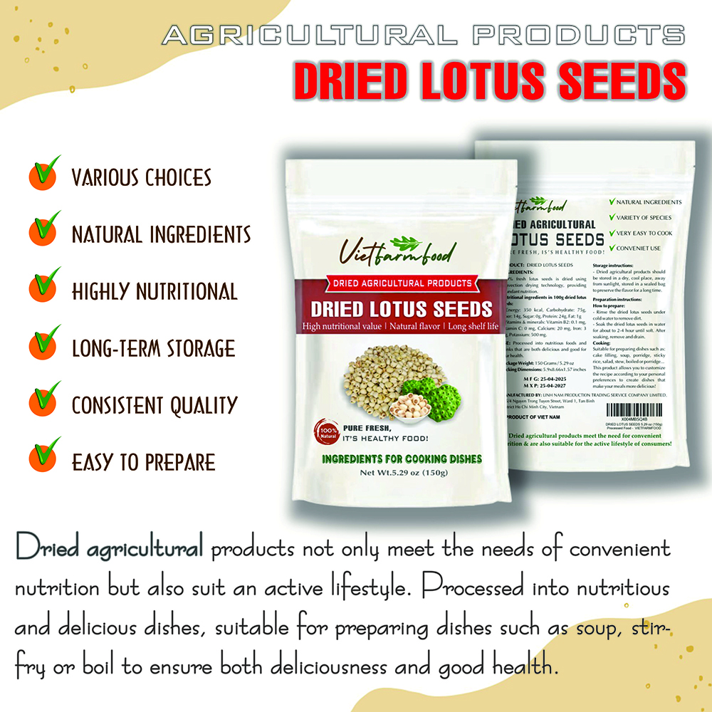 DRIED LOTUS SEEDS 5.29 Oz (150g) VIETFARMFOOD: Dried agricultural products with pure natural flavor. Used as ingredients for cooking; toppings, drinks, nutritious dishes, suitable for vegetarians