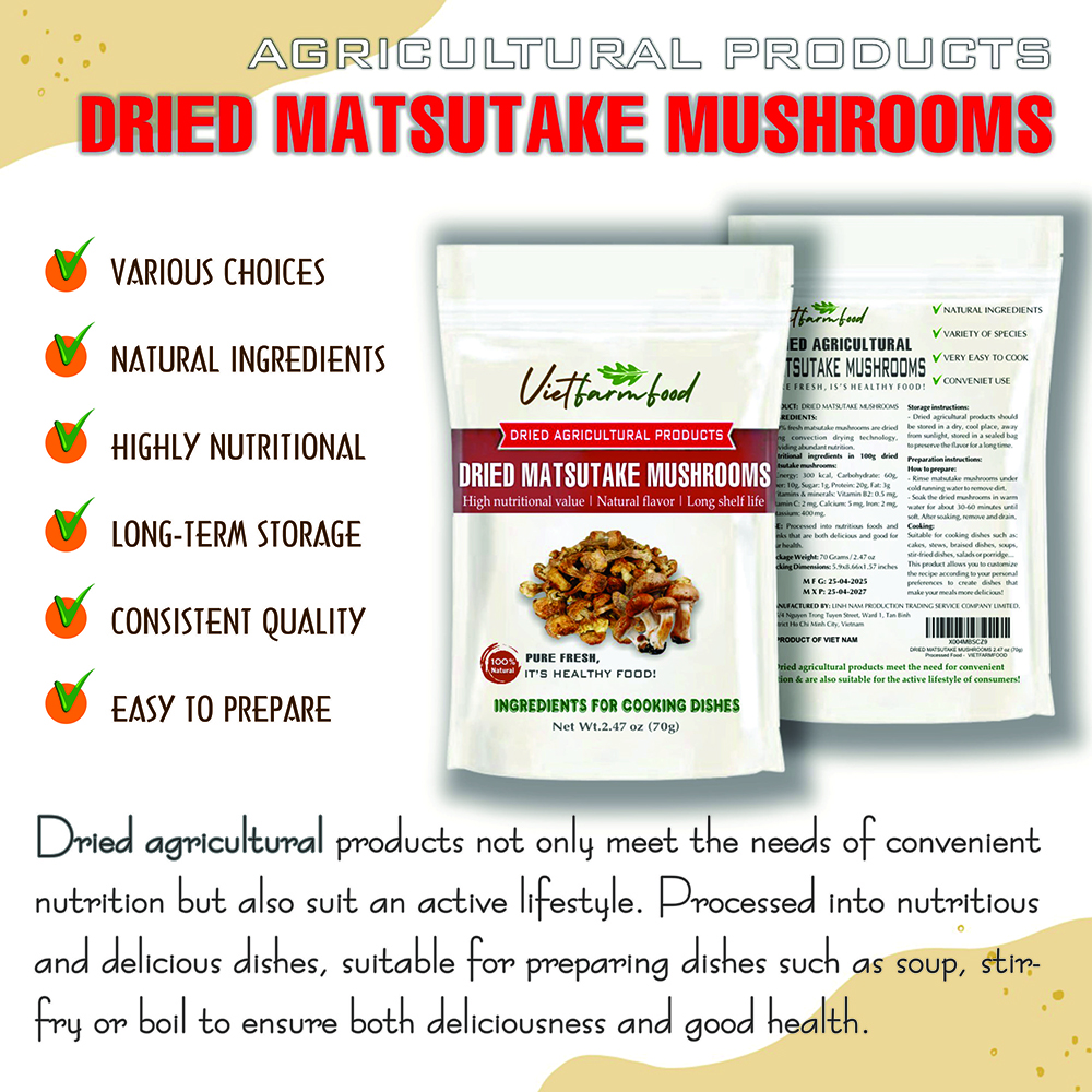 DRIED MATSUTAKE MUSHROOMS 2.47 Oz (70g) VIETFARMFOOD: Dried agricultural products with pure natural flavor. Used as cooking ingredients to prepare delicious, nutritious dishes,suitable for vegetarians