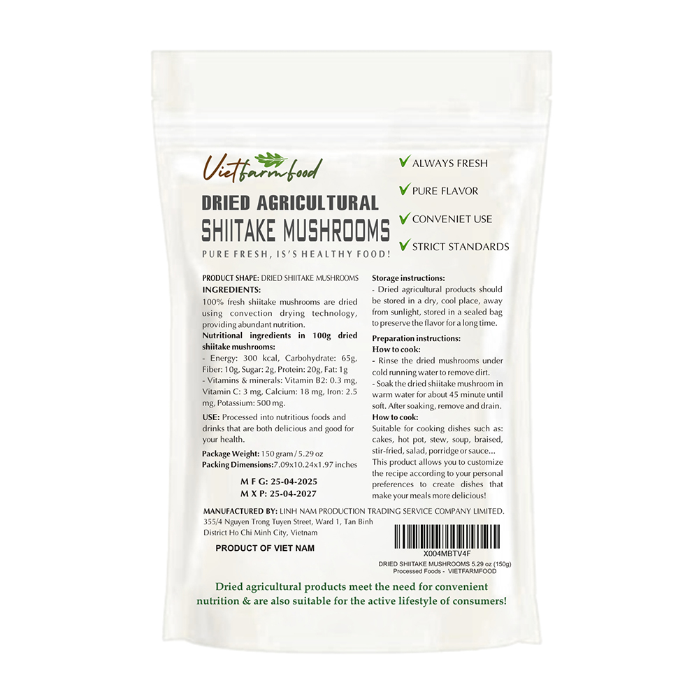 DRIED SHIITAKE MUSHROOMS 5.29 Oz (150g) VIETFARMFOOD: Dried agricultural products with pure natural flavor. Used as cooking ingredients to prepare delicious, nutritious dishes,suitable for vegetarians