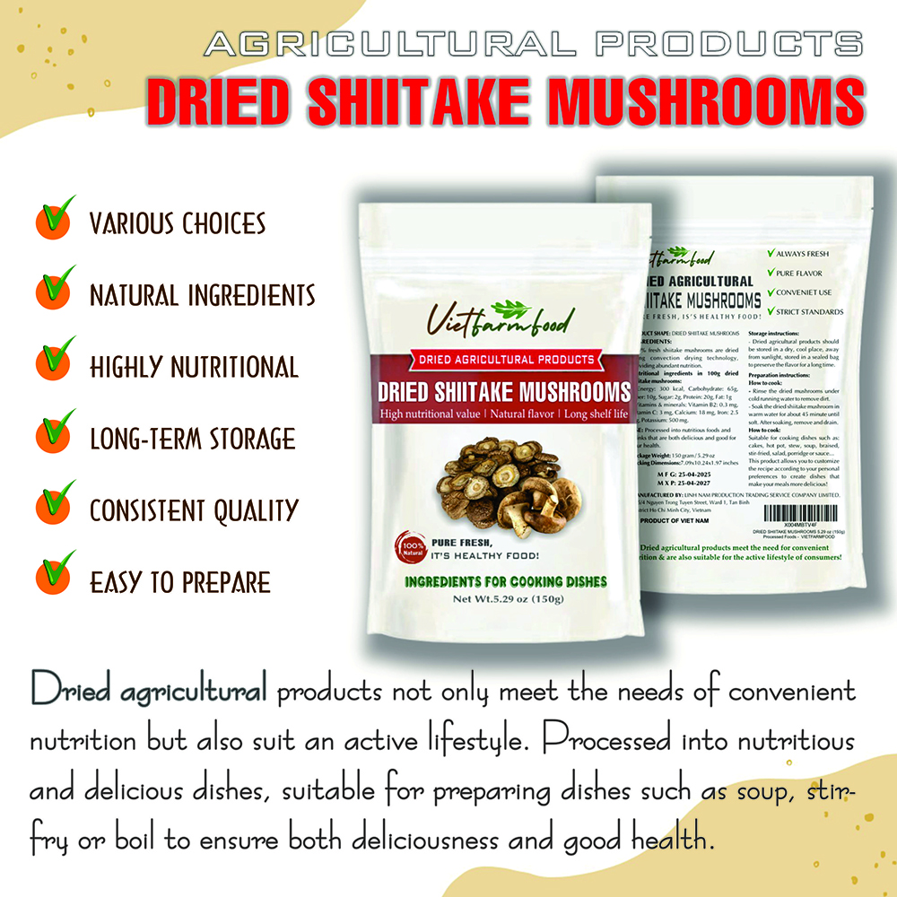 DRIED SHIITAKE MUSHROOMS 5.29 Oz (150g) VIETFARMFOOD: Dried agricultural products with pure natural flavor. Used as cooking ingredients to prepare delicious, nutritious dishes,suitable for vegetarians