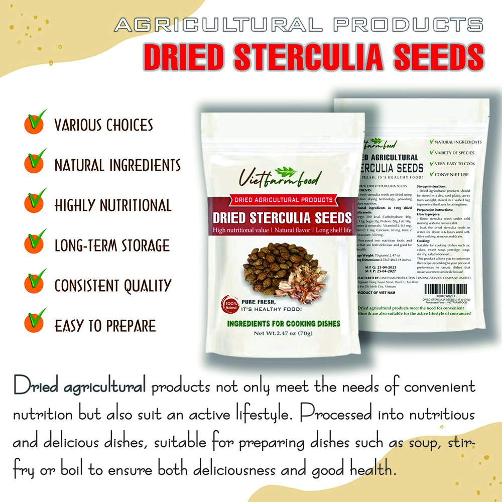 DRIED STERCULIA SEEDS 2.47 Oz (70g) VIETFARMFOOD: Dried agricultural products with pure natural flavor. Used as cooking ingredients to prepare delicious, nutritious dishes, suitable for vegetarians