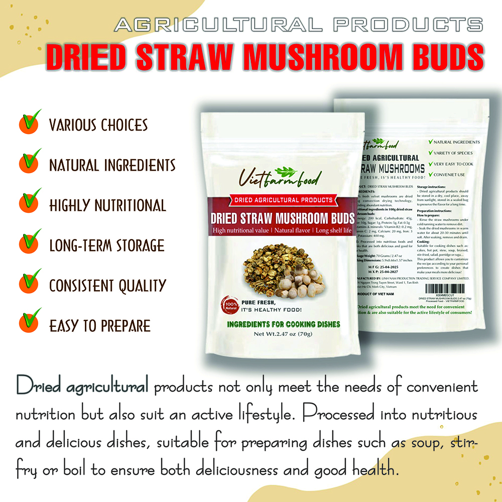 DRIED STRAW MUSHROOMS 2.47 Oz (70g) VIETFARMFOOD: Dried agricultural products with pure natural flavor. Used as cooking ingredients to prepare delicious, nutritious dishes, suitable for vegetarians