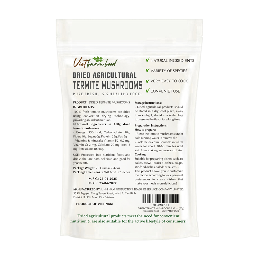 DRIED TERMITE MUSHROOMS 2.47 Oz (70g) VIETFARMFOOD: Dried agricultural products with pure natural flavor. Used as cooking ingredients to prepare delicious, nutritious dishes, suitable for vegetarians