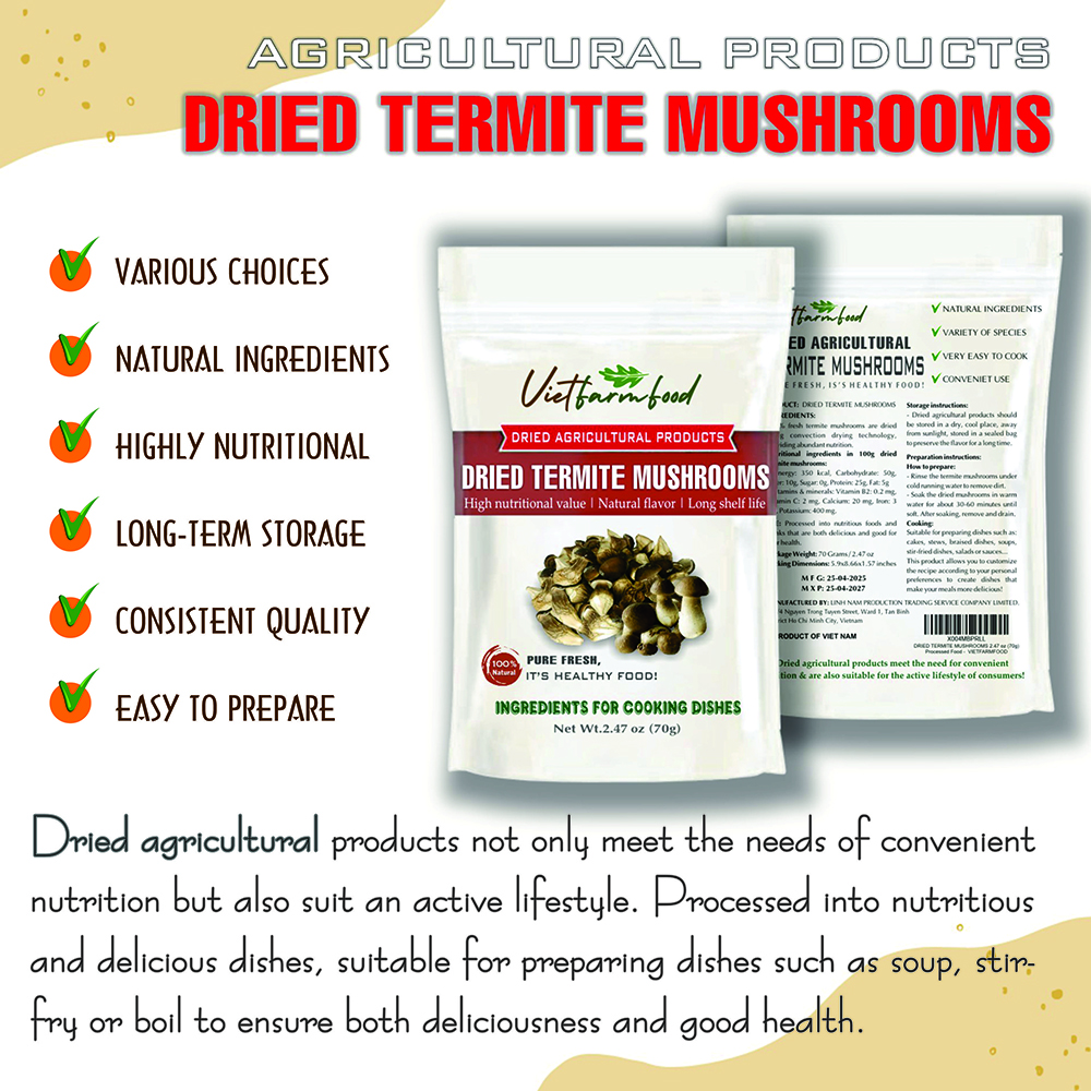 DRIED TERMITE MUSHROOMS 2.47 Oz (70g) VIETFARMFOOD: Dried agricultural products with pure natural flavor. Used as cooking ingredients to prepare delicious, nutritious dishes, suitable for vegetarians