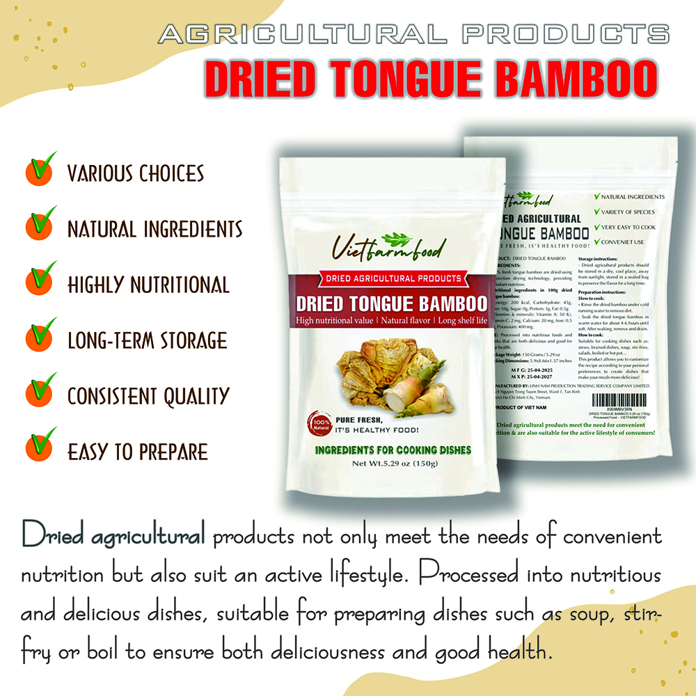 DRIED TONGUE BAMBOO 5.29 Oz (150g) VIETFARMFOOD: Dried agricultural products with pure natural flavor. Used as cooking ingredients to prepare delicious, nutritious dishes, suitable for vegetarians
