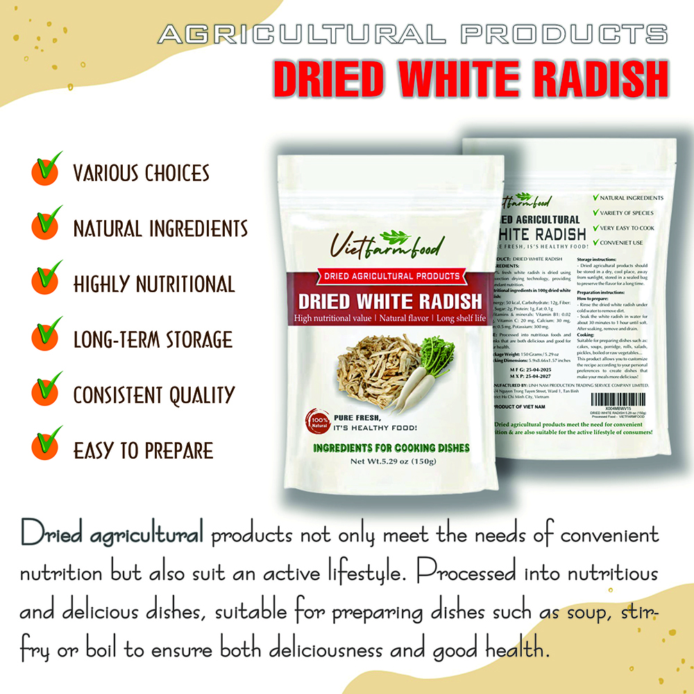 DRIED WHITE RADISH (DAIKON) 5.29 Oz (150g) VIETFARMFOOD: Dried agricultural products with pure natural flavor. Used as cooking ingredients to prepare delicious, nutritious dishes,suitable vegetarians