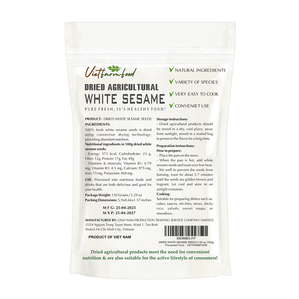 DRIED WHITE SESAME SEEDS 5.29 Oz (150g) VIETFARMFOOD: Dried agricultural products with pure natural flavor. Used as ingredients for cooking; toppings, drinks, nutritious dishes,suitable for vegetarian