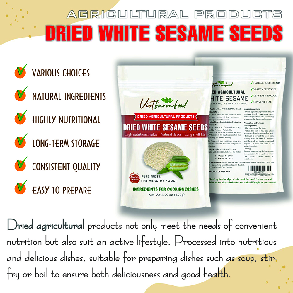 DRIED WHITE SESAME SEEDS 5.29 Oz (150g) VIETFARMFOOD: Dried agricultural products with pure natural flavor. Used as ingredients for cooking; toppings, drinks, nutritious dishes,suitable for vegetarian