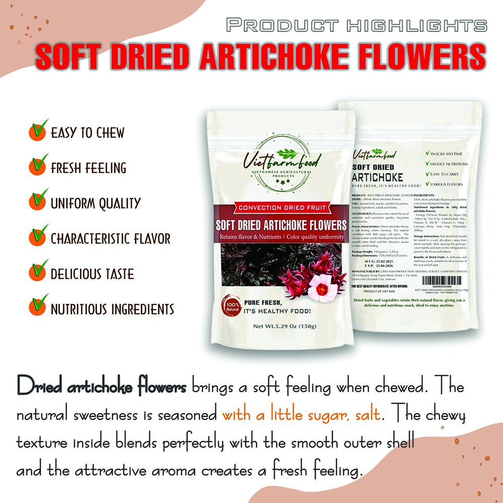 SOFT DRIED ARTICHOKE FLOWERS 5.29 Oz (150g) VIETFARMFOOD: Convection dried fruit with a little sugar, salt, natural sweetness, soft when chewed. Suitable for snacking, healthy desserts for all ages