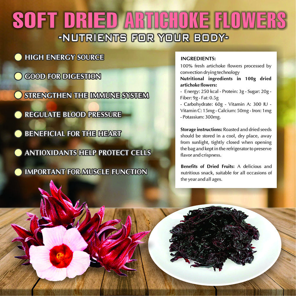 SOFT DRIED ARTICHOKE FLOWERS 5.29 Oz (150g) VIETFARMFOOD: Convection dried fruit with a little sugar, salt, natural sweetness, soft when chewed. Suitable for snacking, healthy desserts for all ages