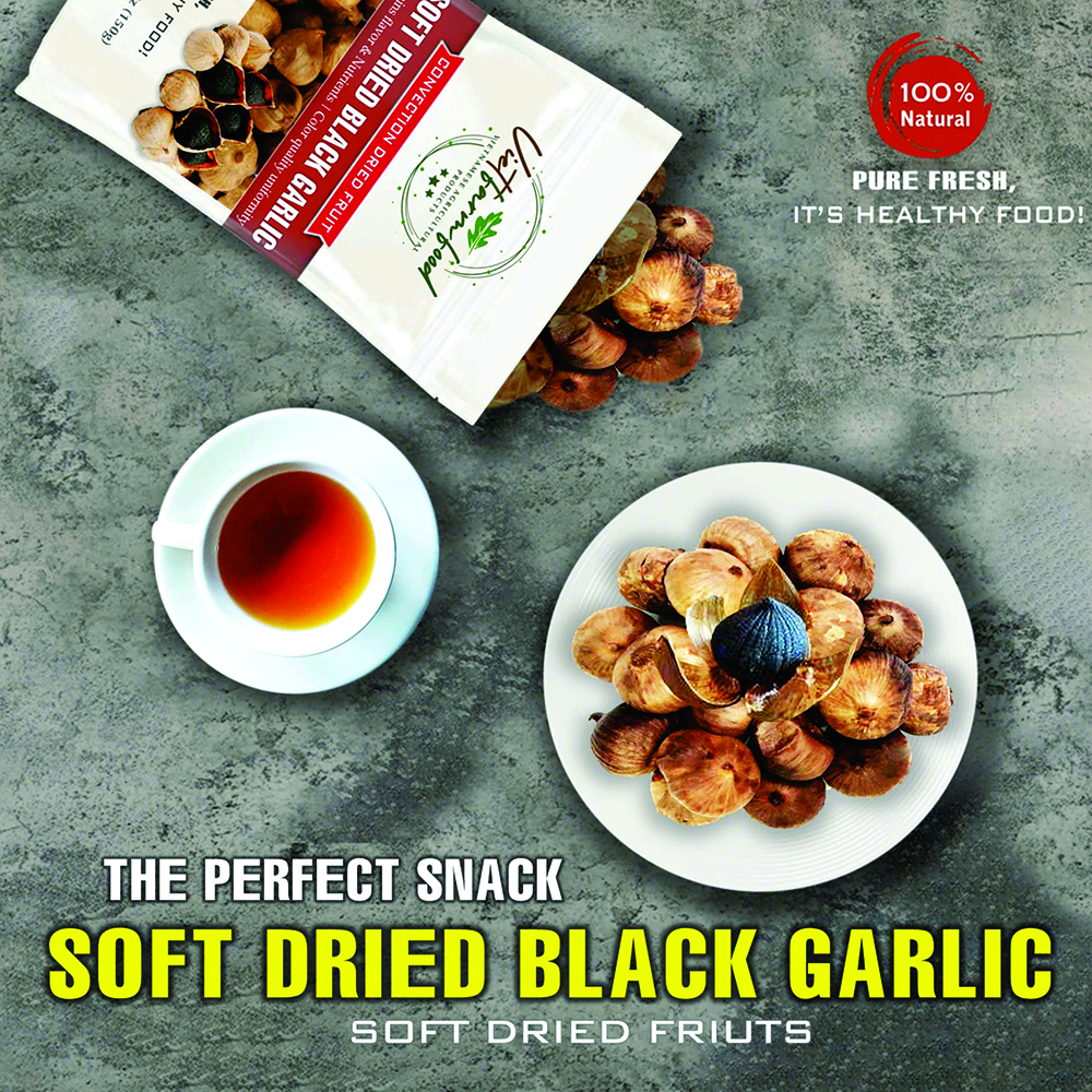 SOFT DRIED BLACK GARLIC 5.29oz (150g) VIETFARMFOOD: Convection dried fruit with a little sugar, salt, natural sweetness, soft when chewed. Suitable for snack, healthy dessert for all ages