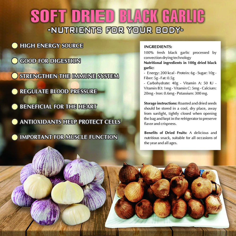 SOFT DRIED BLACK GARLIC 5.29oz (150g) VIETFARMFOOD: Convection dried fruit with a little sugar, salt, natural sweetness, soft when chewed. Suitable for snack, healthy dessert for all ages