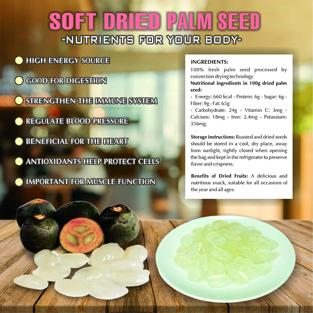 SOFT DRIED PALM SEED 5.29oz (150g) VIETFARMFOOD: Convection dried fruit, pure natural sweetness without sugar, soft when chewed. Suitable for snack, topping, healthy desserts for all ages